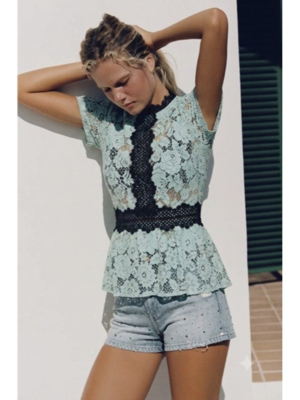 Zara Lace Peplum Top Green / Black ( S )